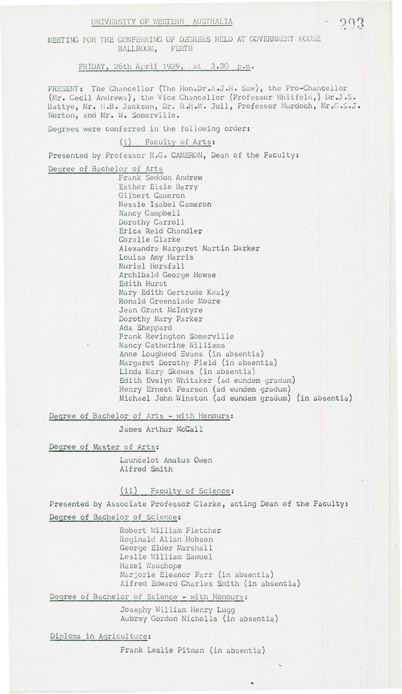 Minutes (Transcribed) - Meeting for the Conferring of Degrees - 26 April 1929 - Folio 293 - 303