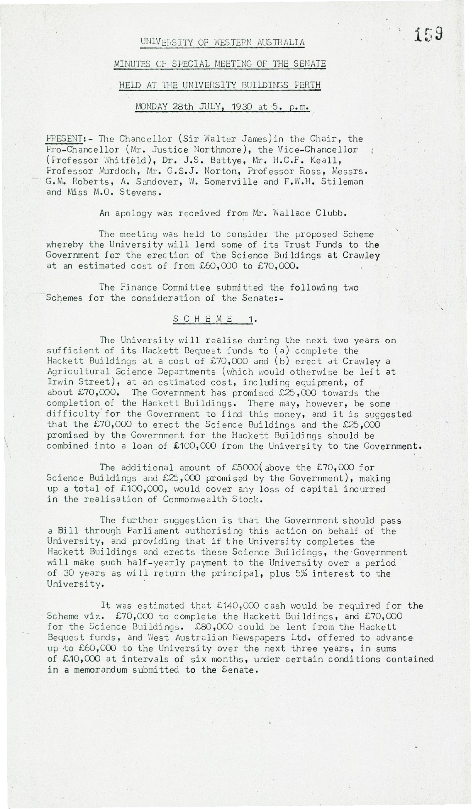 Minutes (Transcribed) - Special Meeting of the Senate - 28 July 1930 - Folio 159 - 162