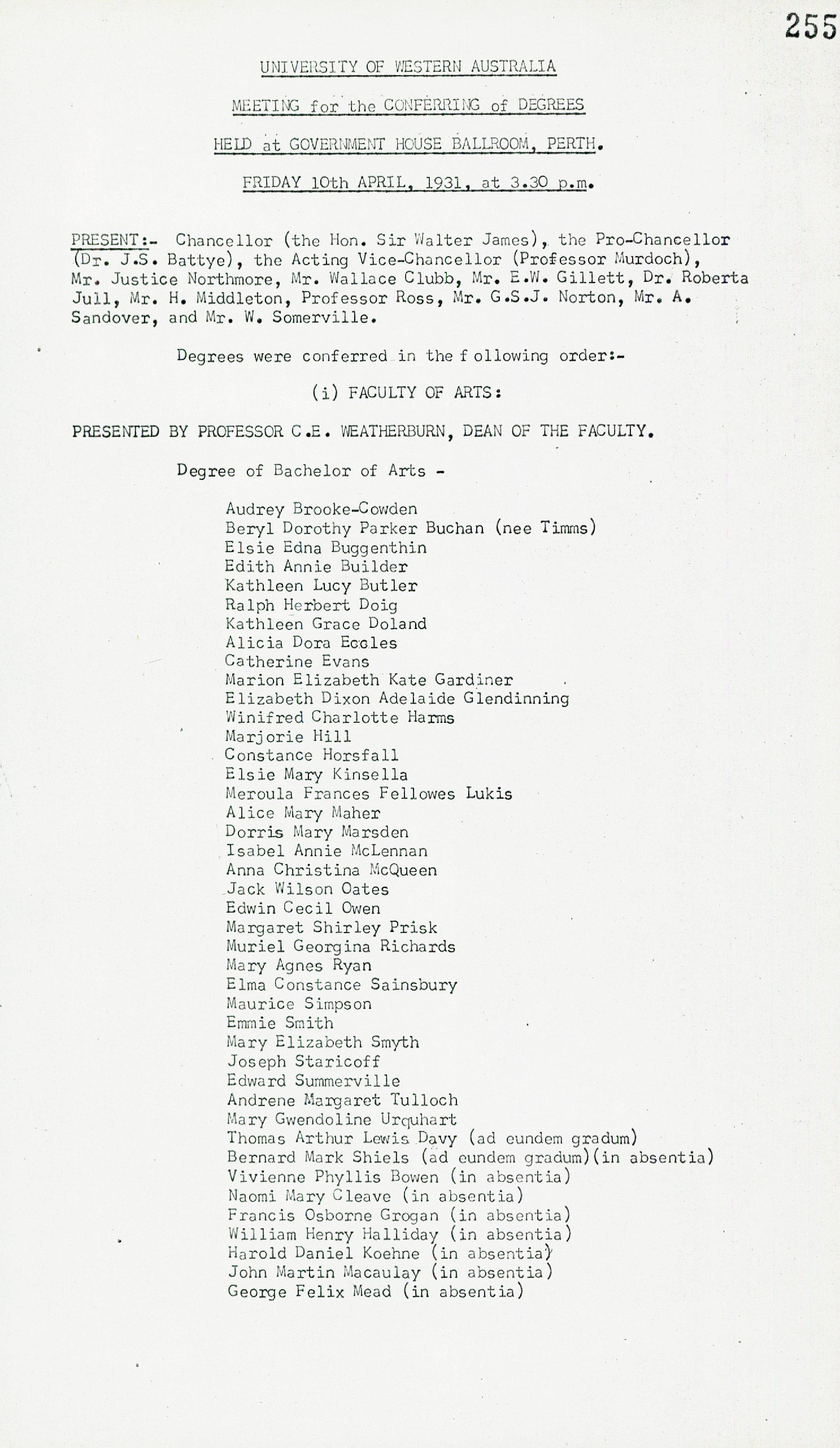 Minutes (Transcribed) - Meeting for the Conferring of Degrees - 10 April 1931 - Folio 255 - 268