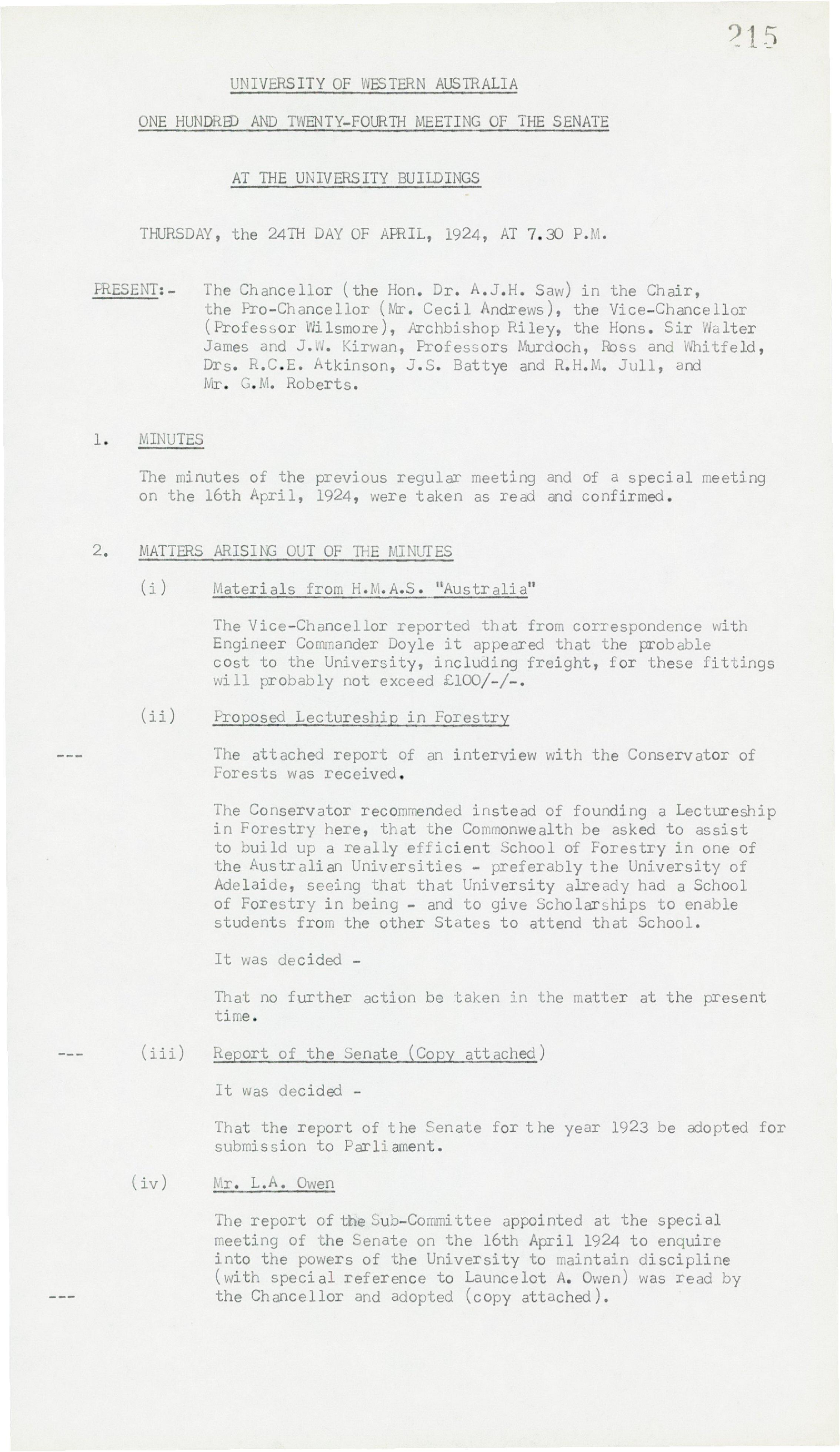 Minutes (Transcribed) - One Hundred and Twenty-Fourth Meeting of the Senate - 24 April 1924 - Folio 215 - 242