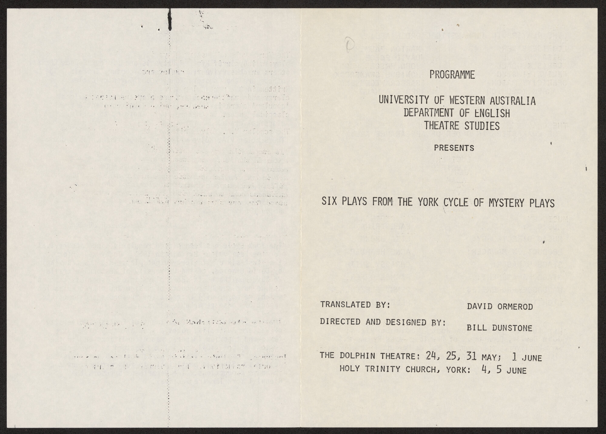Six plays from the York cycle of mystery plays, 1988. Program
