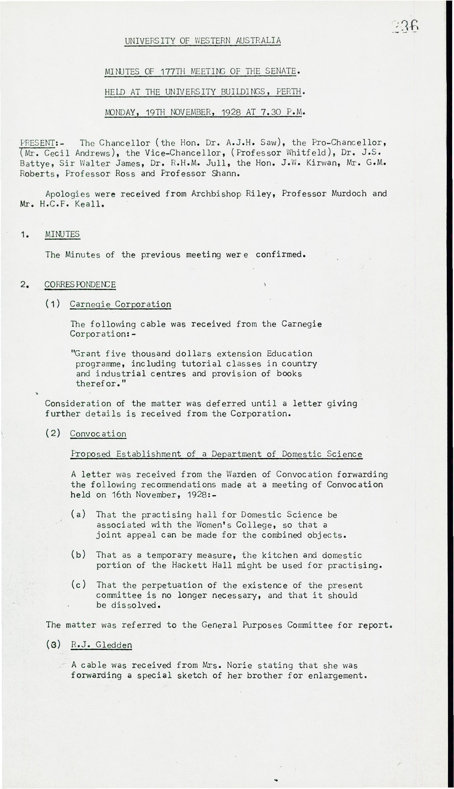 Minutes (Transcribed) - 177th Meeting of the Senate - 19 November 1928 - Folio 236 - 247