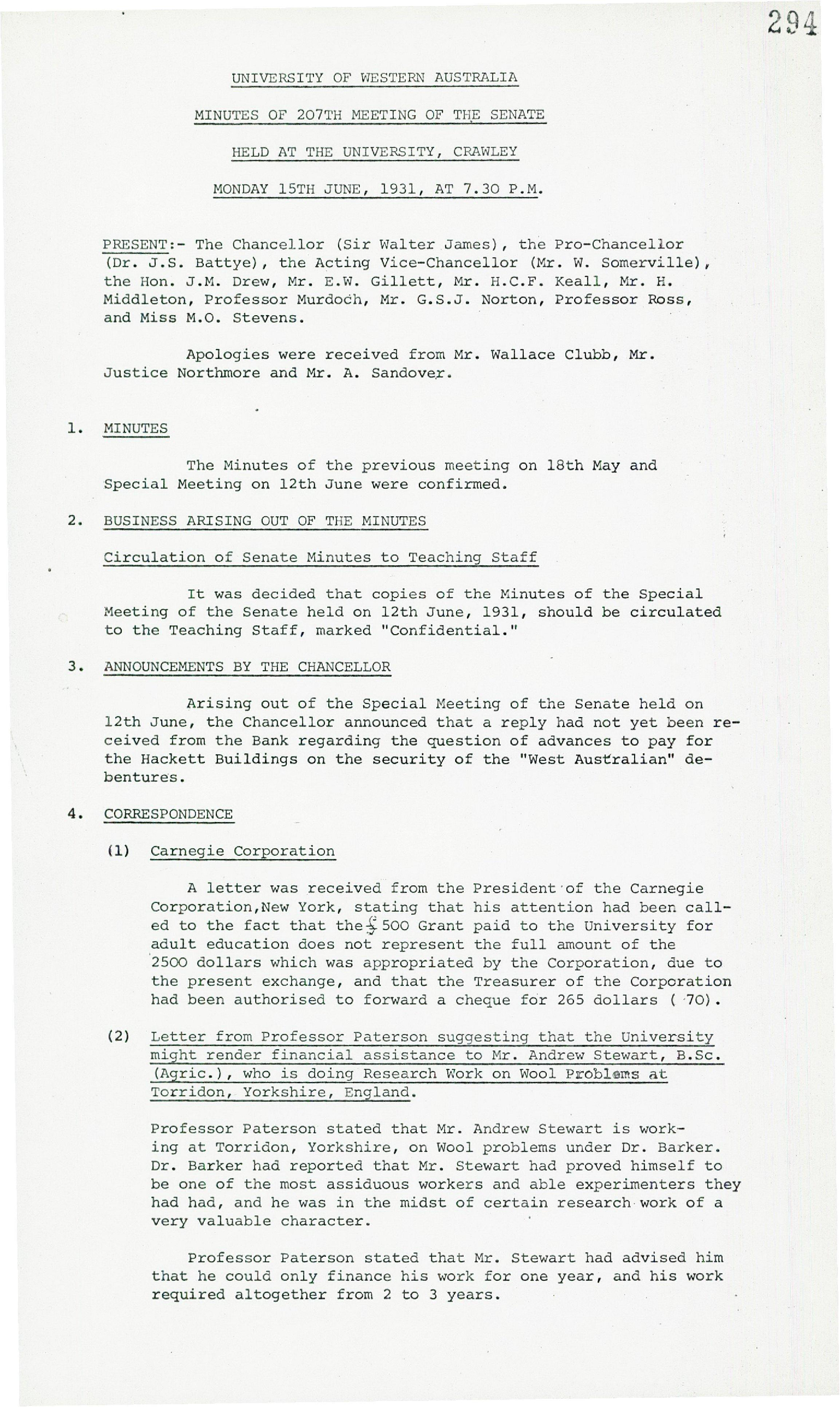 Minutes (Transcribed) - 207th Meeting of the Senate - 15 June 1931 - Folio 294 - 301