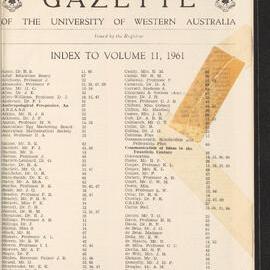 The Gazette of the University of Western Australia - Index to Volume 11 - 1961