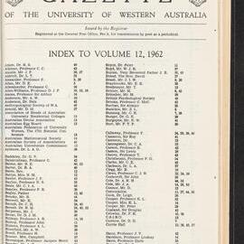 The Gazette of the University of Western Australia - Index to Volume 12 - 1962