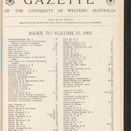 The Gazette of the University of Western Australia - Index to Volume 15 - 1965