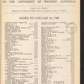 The Gazette of the University of Western Australia - Index to Volume 16 - 1966