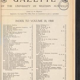 The Gazette of the University of Western Australia - Index to Volume 18 - 1968