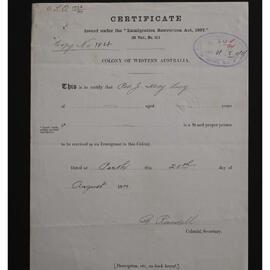 Moy Ling, certificate to return to the colony 1899