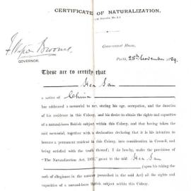 Hea San's Naturalisation, 1889