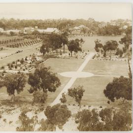 26942P - Views of Great Court and landscaped gardens from Winthrop Hall over to Engineering Building