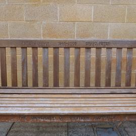 62773P - UWA Benches Project - SARAH : PETER J SARAH 1946-2005 BRAVO, PETER! - Jackson Court, Octagon Theatre - Close Up