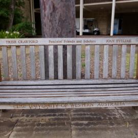 62793P - UWA Benches Project - CRAWFORD / EVELINE : TRISH CRAWFORD Feminist Friends and Scholars JOAN EVELINE - Patricia Crawford Court, Arts - Close Up