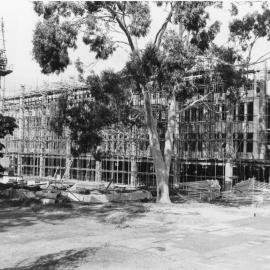 553P - New Library under construction from walkway in front of Physics Building - Crane and scaffolding - 9 June 1963