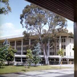 2565P - Reid Library - 24 October 1963 - View from front of Physics building across path & lawn showing scaffolding around base