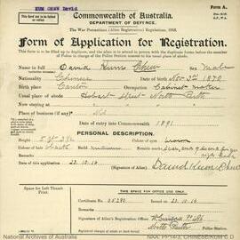 Kum Chew, David - Form of Application of Registration, War Precautions Regulations 1916