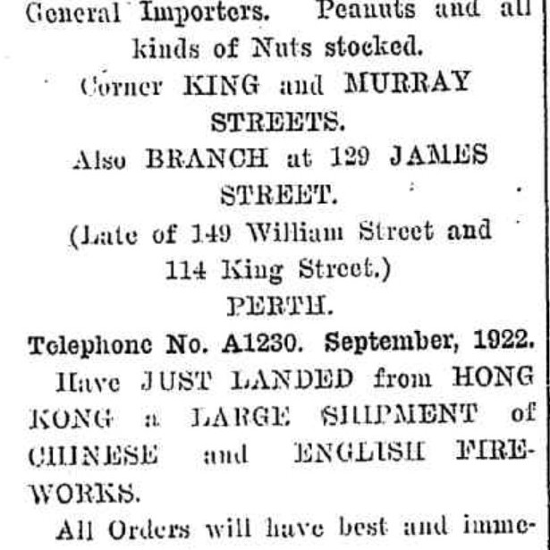 Ah Kwong & Co., Perth 1922 Ad