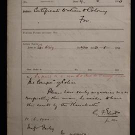Sue Wing - Certificate to return to the Colony 1900