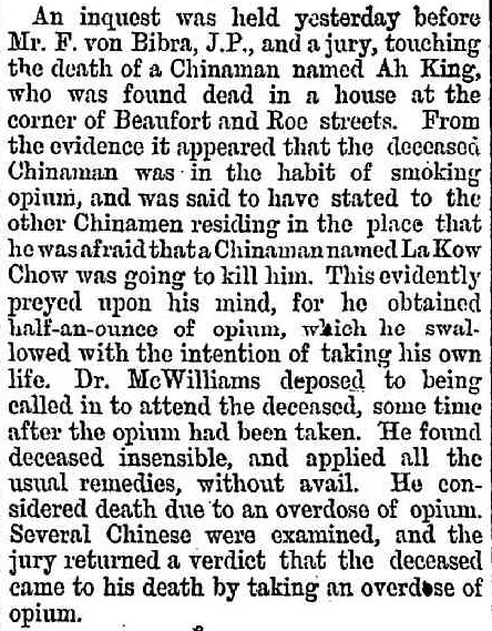 News report on the inquest into the death of Ah King (13) (source: Daily News, 16th August 1893, pg 2)