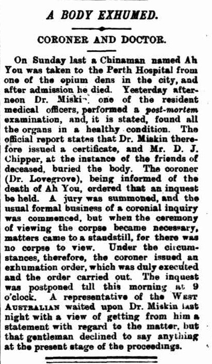 News report on post-mortem for on Ah You (16) (source: West Australian 17/01/1899, pg 2)