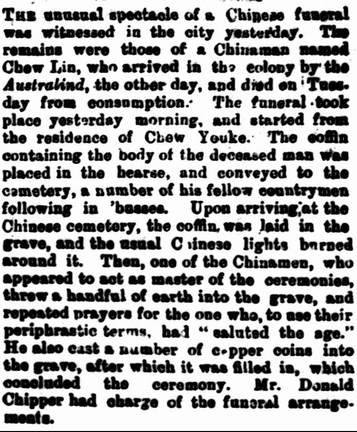 News report on burial of Lin Chow (Source: The West Australian, 3 Apr 1890, Page 2-3)