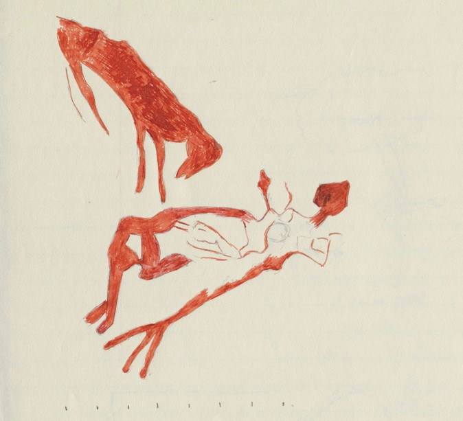 Sketch of detail of paintings from 2028 B2 044 made by Peter Genge in July 1985.