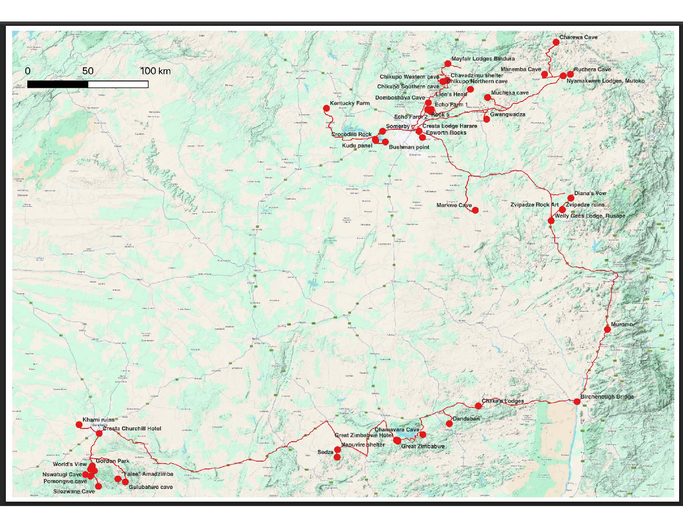 Map showing the location of all of the rock art sites visited and represented in Leigh Marymor Collection. The map also shows the places where Leigh stayed during the recording work (source: Robert Mark, reproduced with permission and thanks).