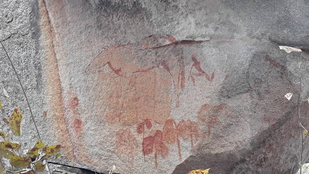 Rain Animal + Formling site from Lake Chivero. There are two panels of art, this is the left one, around the corner to the right is the second panel (photograph by Jono Waters in 2018)