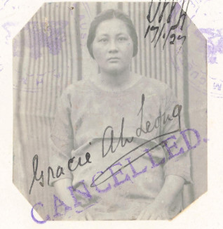 Gracie Ah Leong pictured around the age of 23 on a Certificate Exempting her from the Dictation Test that she did not use to travel (source: National Archives, K1145, 1927/3).