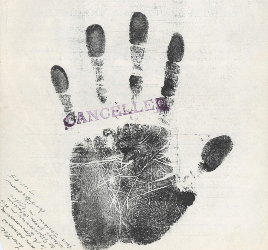 Handprint of Low Kee aged 28 in 1903 from his CoD file. No photographs included in file (source: NAA: K1145, 1903/22) 