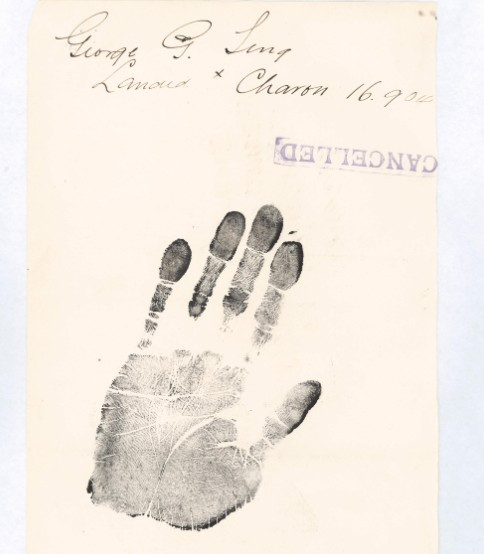 Handprint of Sing George G. aged 40 in 1903 from his CoD paperwork - no photographs included in file (source: NAA K1145, 1903/55) 