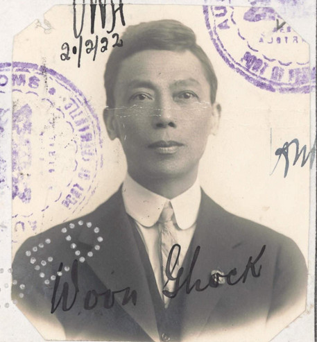 Woon Ghock, aged around 49 years, on his Certificate Exempting him from the Dictation Test (source: National Archives, K1145, 1922/26).