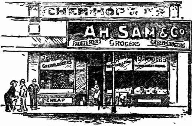 Hand drawn image of the Ah Sam and Co fruit and vegetable shop, 1904, probably then at 164 Murray Street, Perth (source: "NEWS AND NOTES." The West Australian, 15 March 1909: 4)