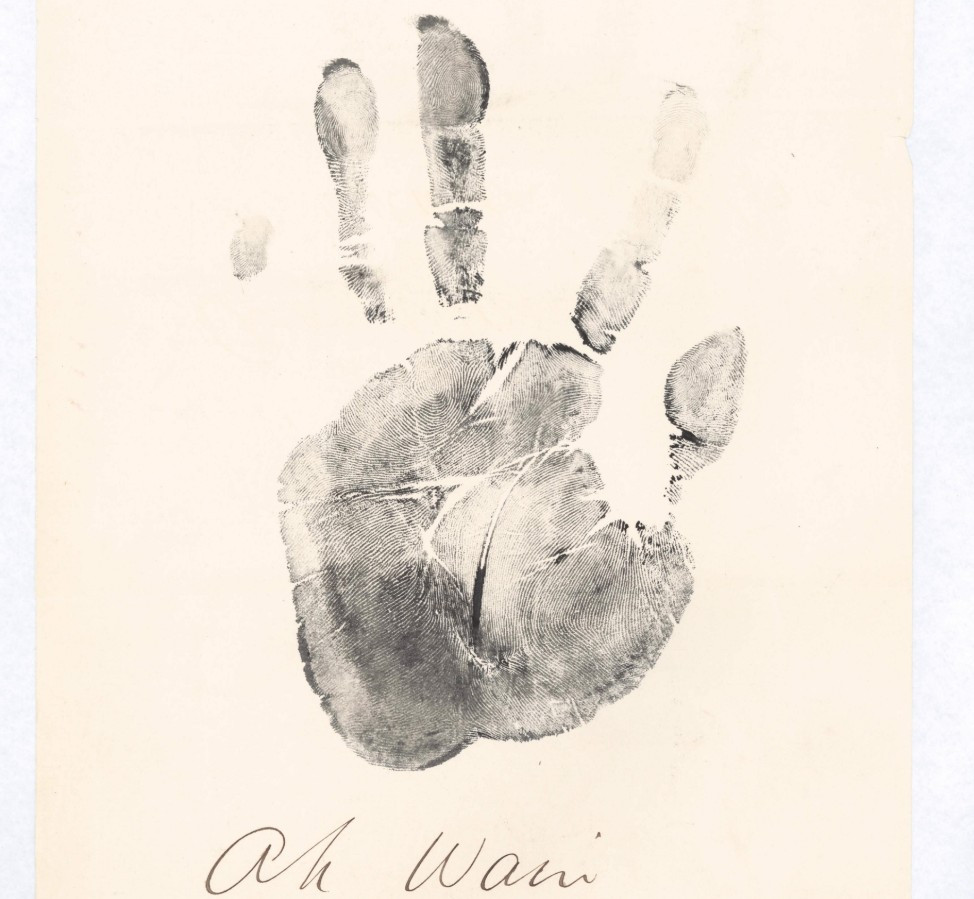Handprint of Ah Wain in 1905 from his CoD paperwork (source: NAA: K1145, 1903/28) 