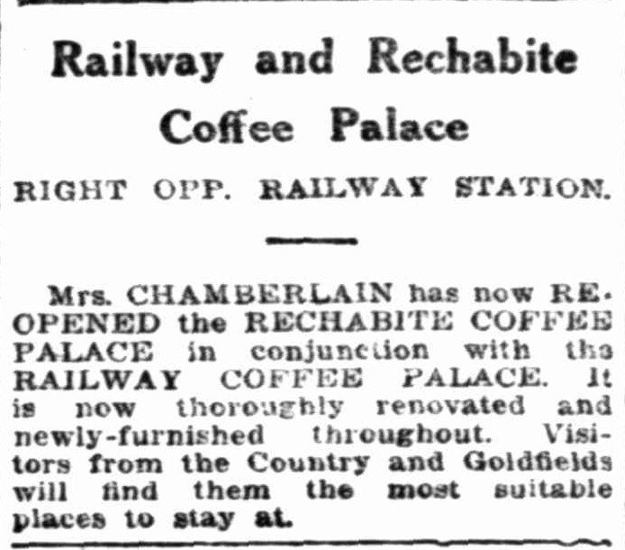 Advert for the Railway Coffee Palace published on Sunday 19th March 1916 in the Sunday Times (Source: https://trove.nla.gov.au/newspaper/article/58011063)