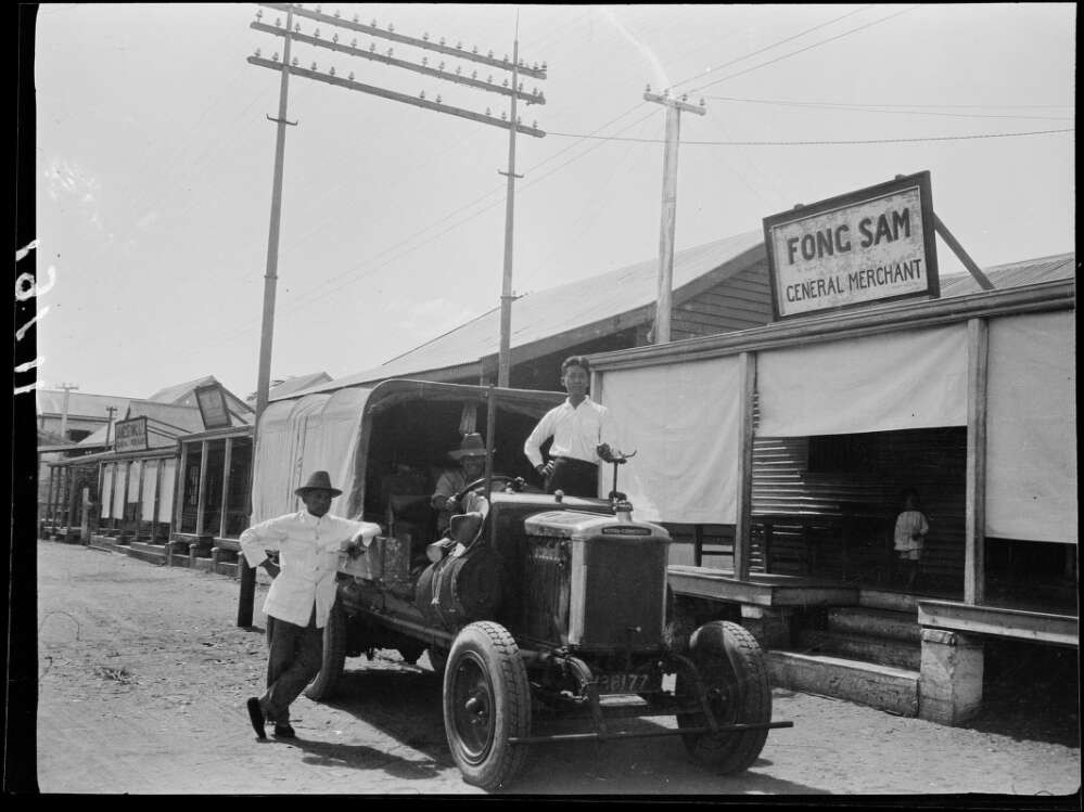 Personnel of Fong Sam general merchant in the residential area of Japanese and Chinese, Broome, Western Australia, 1928. National Library of Australia,  http://nla.gov.au/nla.obj-149179868  