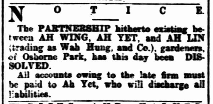 Wah Hung & Co. public notice from 1913 (source: The West Australian 18 Jan 1913, pg 5)
