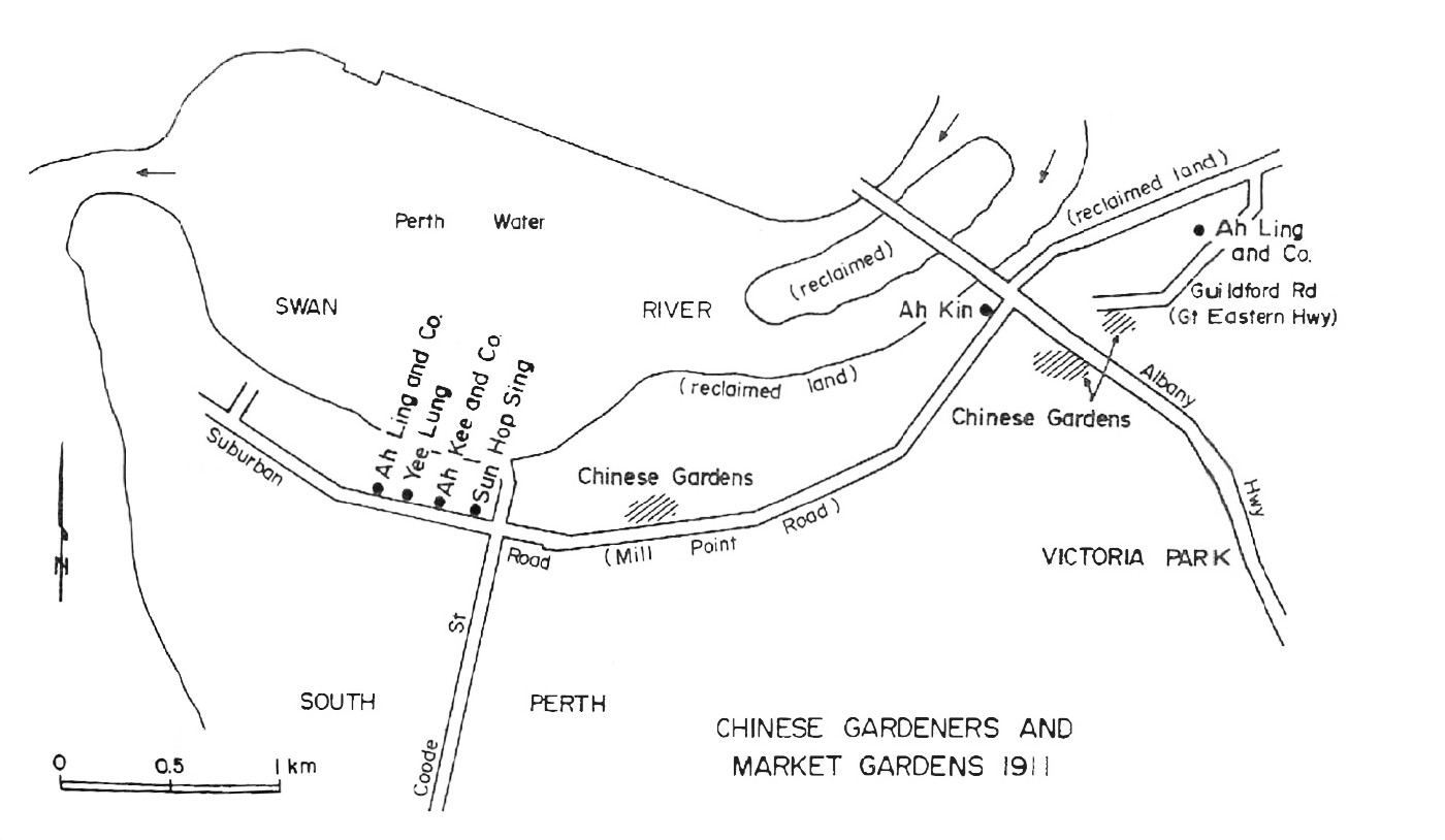 Map showing the location of Yee Lung's market garden in South Perth. The location is on the left side of the map (source: Anne Atkinson 1984 article on Market Gardens, Western Geographer 8, pg 38)