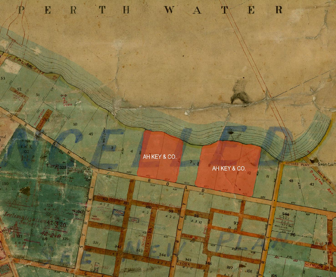 Map showing the location of the W. Ah Key & Co. market gardens in South Perth in 1900 (source: State Records Office: Cons_5698_Item_1389.jpg)