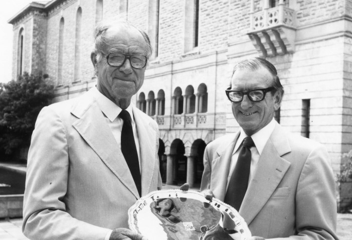 Cropped from UWA Archives 62291P - The Chancellor Sir Lawrence Jackson (left) - The retiring Registrar Mr Arthur John Williams
