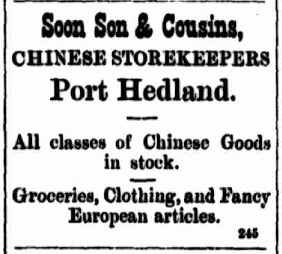 Soon Son & Cousins advertisement 1900 (source:  Northern Public Opinion and Mining and Pastoral News Fri 2 Nov 1900: Page 3)